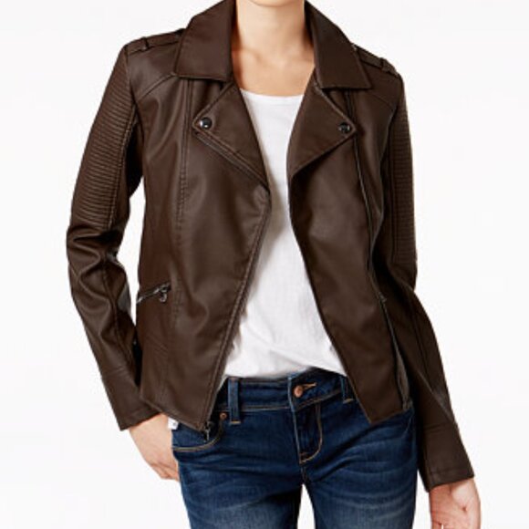 Celebrity Pink Jackets & Blazers - Celebrity Pink Juniors Womens Brown Faux Leather Moto Jacket Size Small